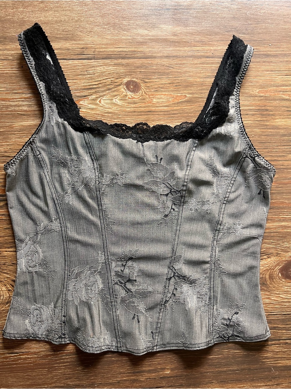 Arianne Gray Floral Embroidered Camisole with Black Lace Trim-XL